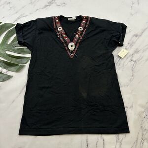 Joanie W Womens Vintage 90s County Western Tee Size M Black Red Beaded Medallion